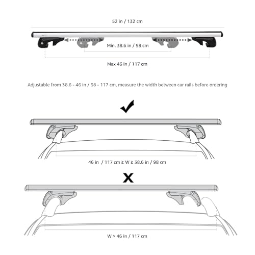 Amazon Basics Cross Rail Roof Rack, 52 inches, Fits up to 46" Spans between Raised Side Rails with Gap, Pack of 2, Black/Silver view 2