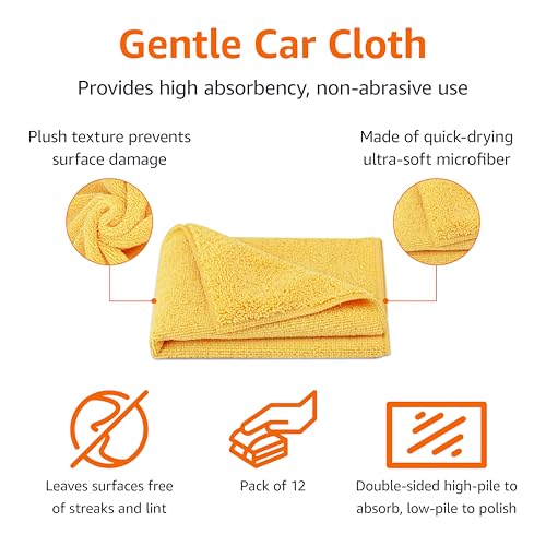 Amazon Basics Microfiber Car Drying Towels (12-Pack), Lint Free, Scratch Free, Highly Absorbent Drying Towel for Cars, 16" x 16", Yellow