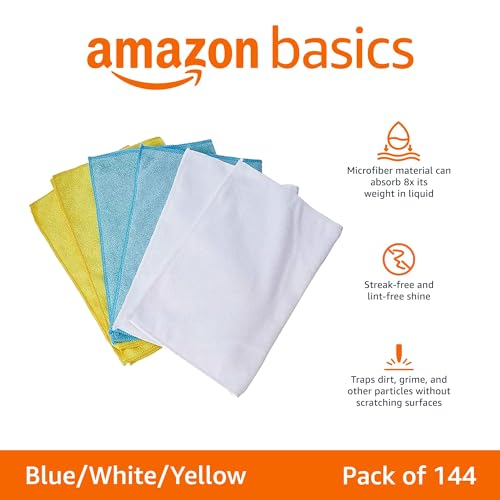 Amazon Basics Microfiber Cleaning Cloths for Cars, Non-Abrasive, Highly Absorbent, Lint and Scratch-Free, Reusable and Washable, 16" x 12", Blue/White/Yellow, 144-Pack