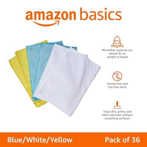 Amazon Basics Microfiber Cleaning Cloths, Non-Abrasive, Reusable and Washable, Pack of 36, Blue/White/Yellow, 16" x 12"