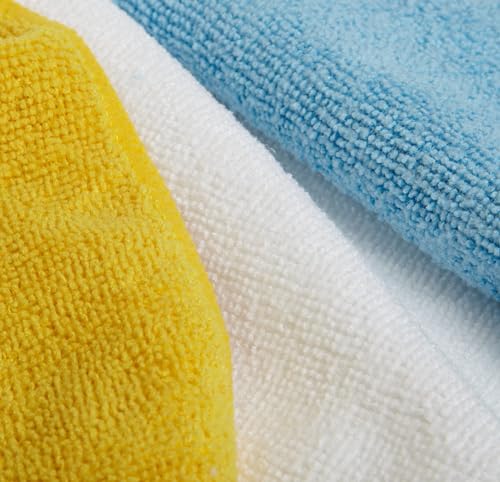 Amazon Basics Microfiber Cleaning Cloths, Non-Abrasive, Reusable and Washable, Pack of 36, Blue/White/Yellow, 16" x 12"