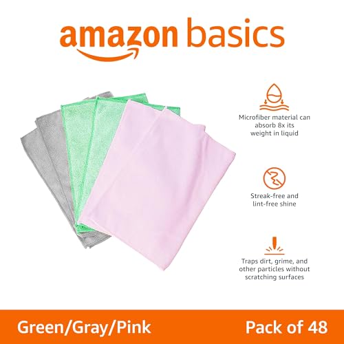 Amazon Basics Microfiber Cleaning Cloths, Non-Abrasive, Reusable and Washable, Pack of 48, Green/Gray/Pink, 16" x 12"