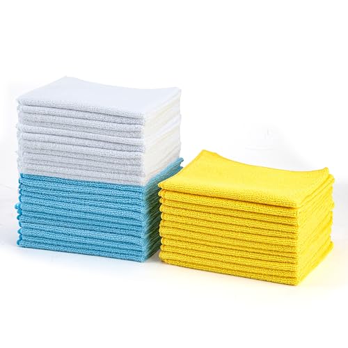 Amazon Basics Microfiber Cleaning Cloths, Ultra Absorbent, Scratch-Free, Highly Absorbent, Non-Abrasive, Reusable and Washable, 16" x 12", Blue/White/Yellow, 36-Pack