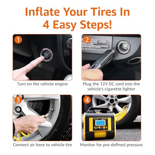 Amazon Basics Portable Car Tire Inflator with Digital Pressure Gauge, 150 PSI, 12V DC, Black view 3