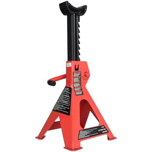 Amazon Basics Steel Jack Auto Stands, 3 Ton (2.7 metric Ton) Capacity, Easy to Use, Adjustable Height, 6,000 lb, 1 Pair, Black and Red(For Sedans and Urban SUVs) view 2