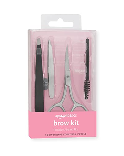Amazon Basics 4-Piece Eyebrow Grooming Kit with Scissors, Tweezers, Spoolie Brush for Shaping at Home, Black