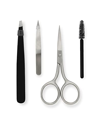 Amazon Basics 4-Piece Eyebrow Grooming Kit with Scissors, Tweezers, Spoolie Brush for Shaping at Home, Black view 2