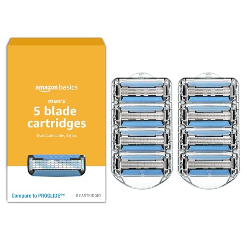 Amazon Basics 5-Blade MotionSphere Razor Blade Refills for Men's Shave, with Dual Lubrication and Precision Beard Trimmer, 8 Cartridges (Fits Amazon Basics Razor Handles only) (Previously Solimo)