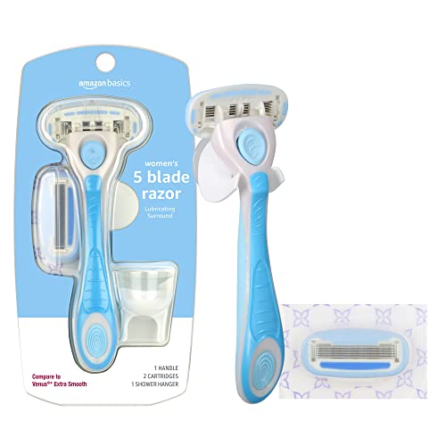 Amazon Basics 5-Blade Razor for Women, Handle, 2 Cartridges & Shower Hanger (Cartridges fit Amazon Basics Razor Handles only) (Previously Solimo)