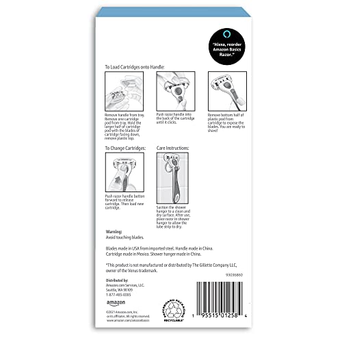 Amazon Basics 5-Blade Razor Handle for Women, Includes 12 Cartridges and Shower Hanger, 14 Piece Set, Blue