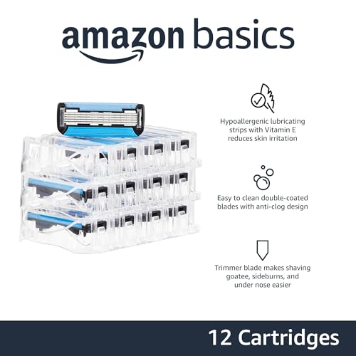 Amazon Basics 5-Blade Razor Refills for Men with Dual Lubrication, Precision Beard Trimmer, Comfortable Shave, 12-Pack (Fits Amazon Basics Razor Handles only)