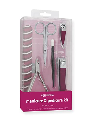 Amazon Basics 6-Piece Manicure and Pedicure Kit, Nail Care Grooming Tools with Cuticle Nipper and Nail Clippers