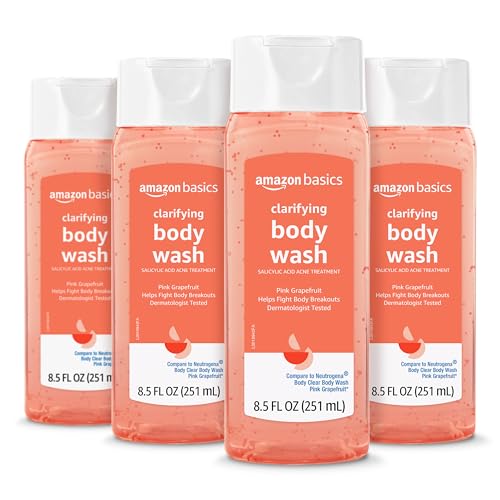 Amazon Basics Clarifying Pink Grapefruit Body Wash, 2% Salicylic Acid Acne Treatment, Dermatologist Tested, 8.5 Fl Oz (Pack of 4) (Previously Solimo)