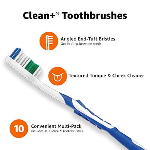 Amazon Basics Clean Plus Soft Bristle Toothbrushes with Angled End-Tuft, Cheek and Tongue Cleaner, Full Size, 10 Count, 1 Pack (Previously Solimo) view 3