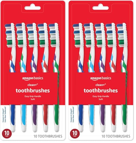 Amazon Basics Clean Plus Toothbrushes, Soft, Full, 10 Count, Assorted Colors (Previously Solimo) (Pack of 2)