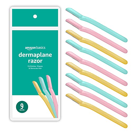 Amazon Basics Dermaplane Razor, Peach Fuzz Remover, Face Shaver for Women, Eyebrow Trimmer and Shaper, Facial Hair Removal, Exfoliating Tool with Blade Cover, Multicolor, 9 Count