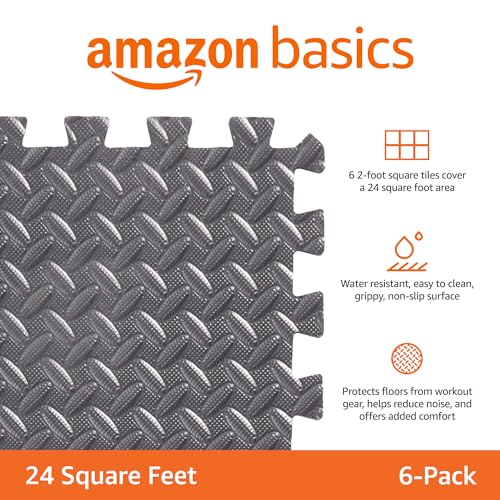 Amazon Basics Foam Interlocking Exercise Gym Floor Mat Tiles - Pack of 6, 24 x 24 x .5 Inches, Grey