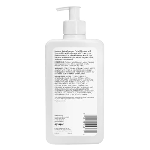 Amazon Basics Foaming Facial Cleanser with Ceramides & Hyaluronic Acid, Gentle Daily Face Wash, Non-Comedogenic, Fragrance-Free, 12 fl oz view 2