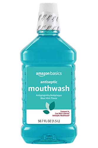 Amazon Basics Fresh Breath Mouthwash, Blue Mint Antiseptic, Fights Bad Breath and Gingivitis, Refreshing, 1.5 Liters, 50.7 Fl Oz, 1-Pack (Previously Solimo)