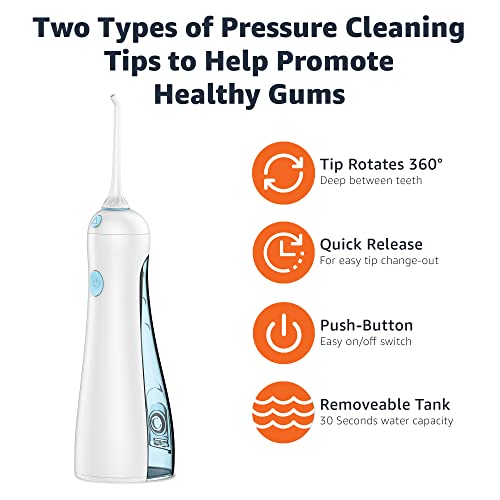 Amazon Basics HydroClean Cordless Water Flosser, 1 Water Flosser Handle, 2 Flosser Tips, 2 AA batteries included