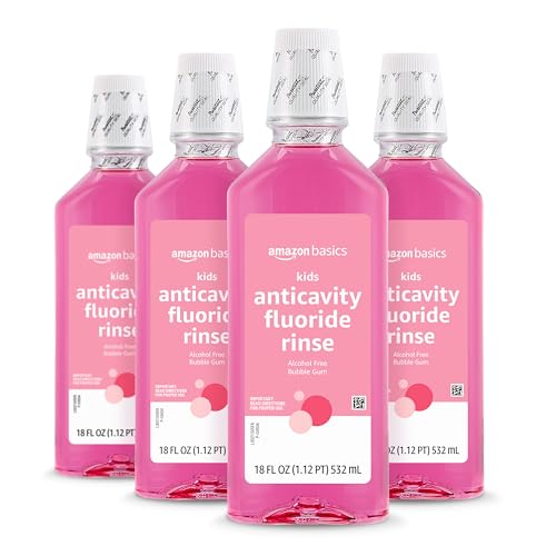 Amazon Basics Kids Mouthwash with Fluoride, Anticavity, Alcohol-Free Bubble Gum Flavor, 18 fl oz, 4-Pack