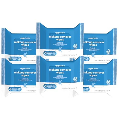 Amazon Basics Makeup Remover Wipes, Formulated without Fragrance and Alcohol-Free, Gentle Cleansing, Removes Waterproof Mascara, Dermatologist Tested, 25 Count, Pack of 6