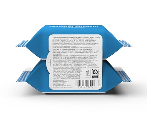 Amazon Basics Makeup Remover Wipes, Formulated without Fragrance and Alcohol-Free, Gentle Cleansing, Removes Waterproof Mascara, Dermatologist Tested, 25 Count, Pack of 2 view 2