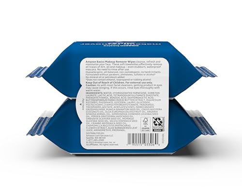 Amazon Basics Makeup Remover Wipes, Gentle Cleansing, Dermatologist Tested, pH-Balanced, Plant Based, Alcohol-Free, Removes Waterproof Mascara, 25 Count, 2-Pack view 2