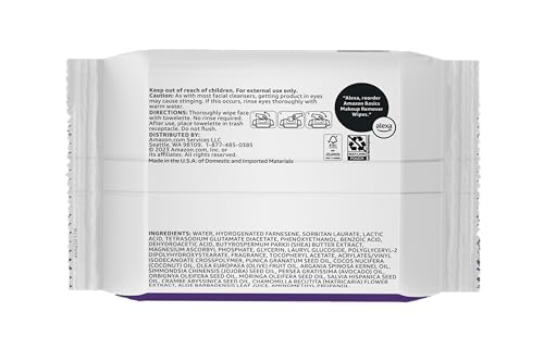 Amazon Basics Makeup Remover Wipes, Gentle Cleansing, Dermatologist Tested, Night Calming, Plant Based, Alcohol-Free, Removes Waterproof Mascara, pH Balanced, 25-Count, 6-Pack view 2