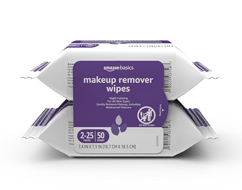 Amazon Basics Makeup Remover Wipes, Gentle Cleansing, Dermatologist Tested, Night Calming, Plant Based, Alcohol-Free, Removes Waterproof Mascara, 25 Count Per Pack, Pack of 2