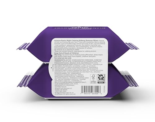 Amazon Basics Makeup Remover Wipes, Gentle Cleansing, Dermatologist Tested, Night Calming, Plant Based, Alcohol-Free, Removes Waterproof Mascara, 25 Count Per Pack, Pack of 2 view 2