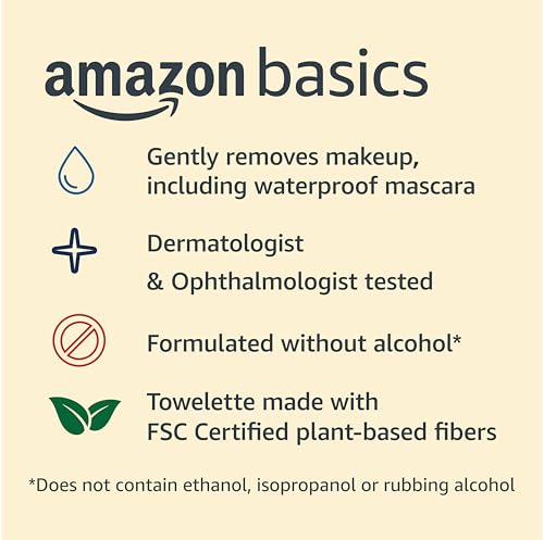 Amazon Basics Makeup Remover Wipes, Gentle Cleansing, Dermatologist Tested, Night Calming, Plant Based, Alcohol-Free, Removes Waterproof Mascara, 25 Count Per Pack, Pack of 2 view 3