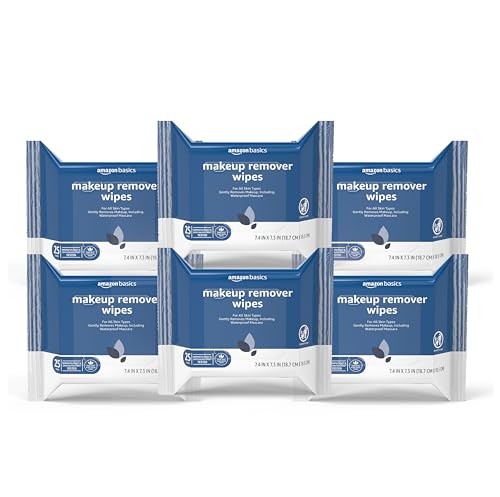 Amazon Basics Makeup Remover Wipes, Gentle Cleansing, Dermatologist Tested, Original, Plant Based, Alcohol Free, Removes Waterproof Mascara, 25 Count Per Pack, Pack of 6 (Previously Solimo)