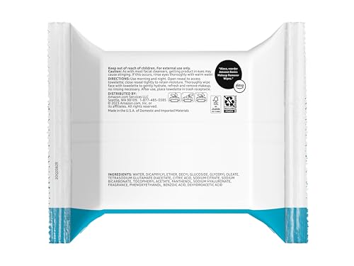 Amazon Basics Makeup Remover Wipes, Gentle Cleansing, Dermatologist Tested, Hydrating with Hyaluronic Acid, Plant Based, Alcohol-Free, Removes Waterproof Mascara, Facial Cleansing, 25 Count view 2