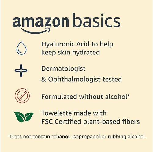 Amazon Basics Makeup Remover Wipes, Gentle Cleansing, Dermatologist Tested, Hydrating with Hyaluronic Acid, Plant Based, Alcohol-Free, Removes Waterproof Mascara, Facial Cleansing, 25 Count view 3
