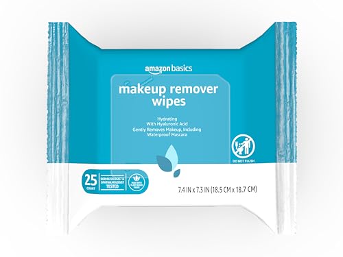 Amazon Basics Makeup Remover Wipes, Hydrating Facial Cleansing, Hyaluronic Acid, Dermatologist Tested, Plant Based, Alcohol-Free, Removes Waterproof Mascara, 25 Count, 2-Pack view 2