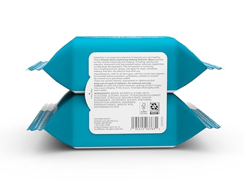 Amazon Basics Makeup Remover Wipes, Hydrating Facial Cleansing, Hyaluronic Acid, Dermatologist Tested, Plant Based, Alcohol-Free, Removes Waterproof Mascara, 25 Count, 2-Pack view 3
