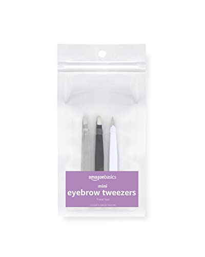 Amazon Basics Mini Eyebrow Tweezers for Grooming, 3-Pack, Black/White/Grey
