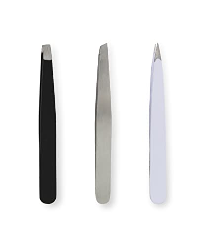 Amazon Basics Mini Eyebrow Tweezers for Grooming, 3-Pack, Black/White/Grey view 3