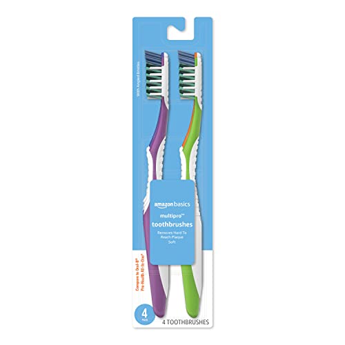 Amazon Basics MultiPro Toothbrushes with Angled Bristles, Soft, 4 Count, Pack of 1