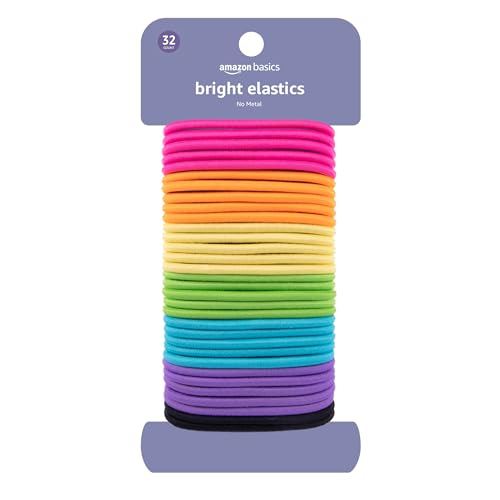 Amazon Basics No Damage Elastic Hair Ties, Ponytail Holders for Thick Hair, No Pull, Secure Hold, Snag-Free, Bright 4 MM Elastics for All Types, 32 Count