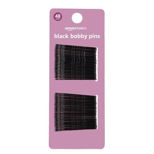 Amazon Basics No Slip Bobby Pins, Black High Gloss, 48 Count, for Pain-Free Comfortable All-Day Styling and Updos, All Hair Types