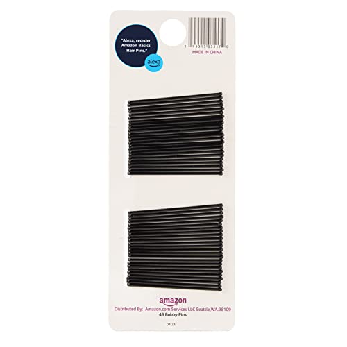 Amazon Basics No Slip Bobby Pins, Black High Gloss, 48 Count, for Pain-Free Comfortable All-Day Styling and Updos, All Hair Types view 2