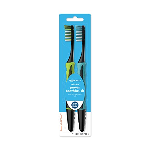Amazon Basics Soft Toothbrushes for Adults - Pulsating Deep Cleaning with Soft Bristles, 2 Count, Assorted Colors