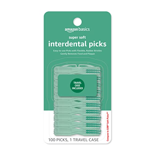 Amazon Basics Super Soft Interdental Picks for Plaque Remover and Teeth Cleaning, Easy to Use with Travel Case Included, 100 Count