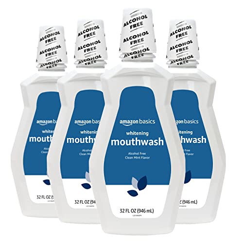 Amazon Basics Teeth Whitening Mouthwash, Alcohol-Free, Clean Mint, 32 Fluid Ounces, 4-Pack, Previously Solimo