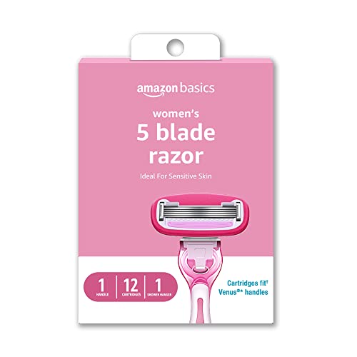 Amazon Basics Women's 5-Blade Razor for Smooth, Close Shave, FITS Amazon Basics Handle and Venus Handles, Ideal for Sensitive Skin, Includes 1 Handle, 12 Cartridges & 1 Shower Holder