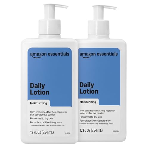 Amazon Essentials Daily Moisturizing Lotion for Face and Body, Fragrance Free, with Ceramides, 12 Fluid Ounces, 2-Pack