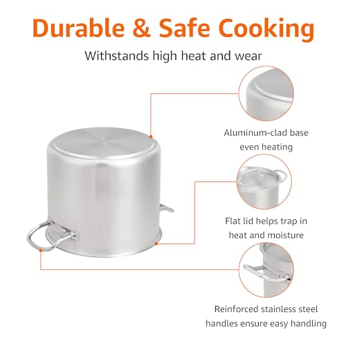 Amazon Basics 12 quarts Stainless Steel Aluminum-Clad Stock Pot with Cover (Previously AmazonCommercial brand)