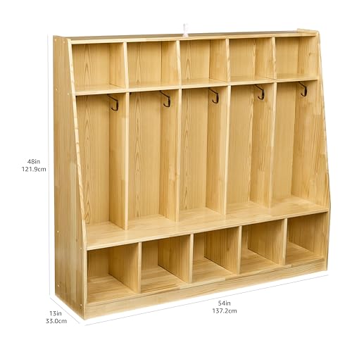 Amazon Basics Coat Locker, 5-Section with Bench, Daycare Classroom Furniture, Backpack Storage, 13"D x 54"W x 48"H, Natural Finish, Solid Pine Wood, Mudroom Furniture with Hooks for Home view 2